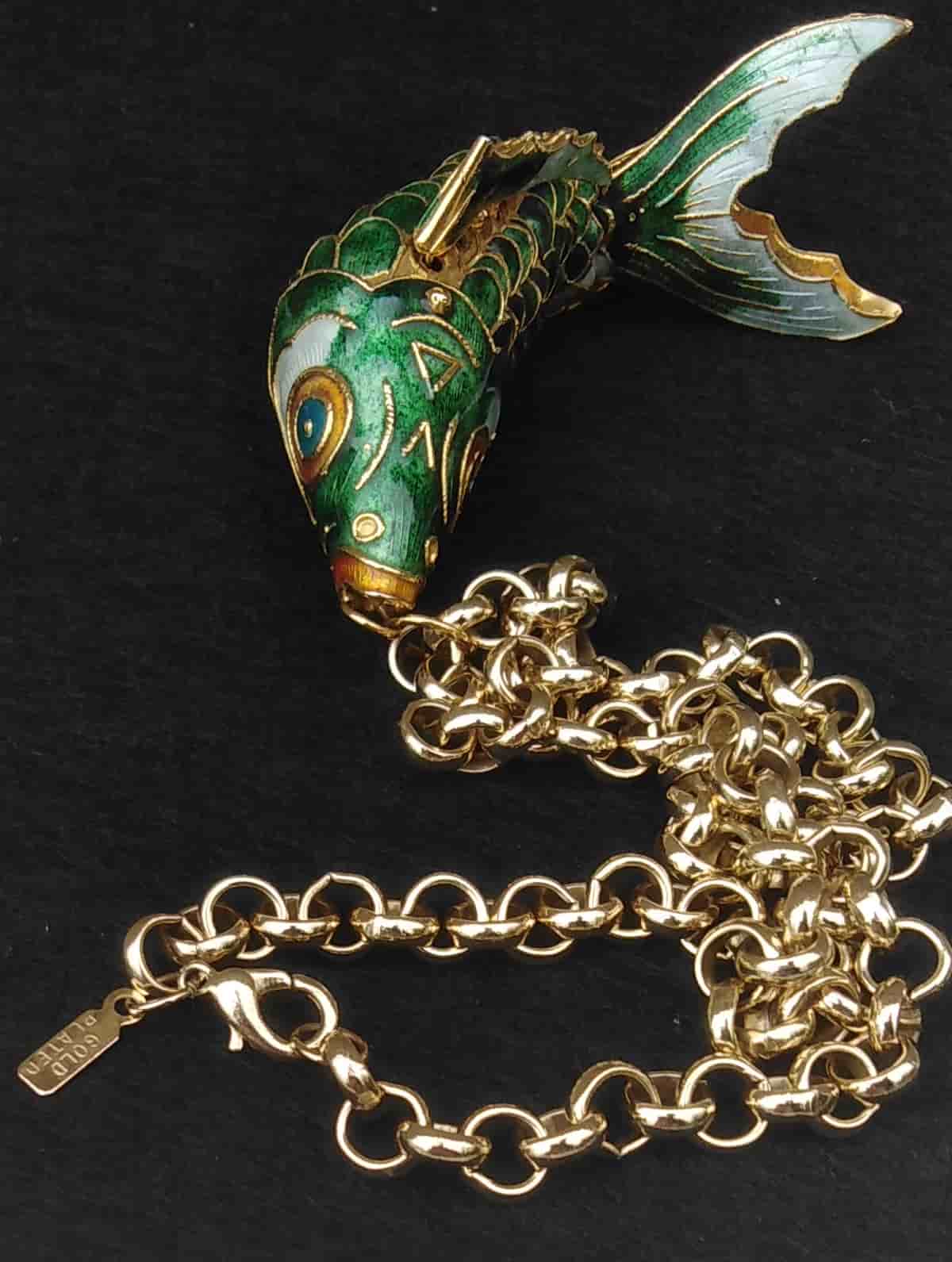 Oversized Vintage 1970s Articulated Cloisonné Fish Statement Necklace | Huge 4” Koi Pendant, 18” Heavy Gold Plated Chain